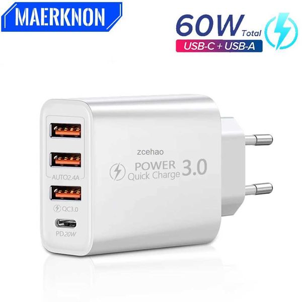 Caricabatterie per telefoni cellulari Caricatore USB C Caricatore a ricarica rapida da 60 W Adattatore di alimentazione a muro PD TypeC Quick Charge 3.0 per caricabatterie per telefono Samsung