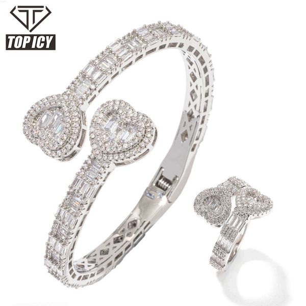 Hip Hop Schmuck Iced Out Herz Armreif Ring Set Bling Baguette Cz Einstellbare Größe Frauen Straße Herz Armband Herz Ring