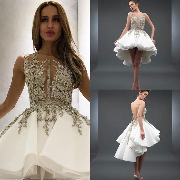 Impressionante alto baixo sem costas vestidos de baile de baile renda appliqued sheer neck uma linha frisada festa cauda vestido em camadas organza 2024 formal robe de soiree