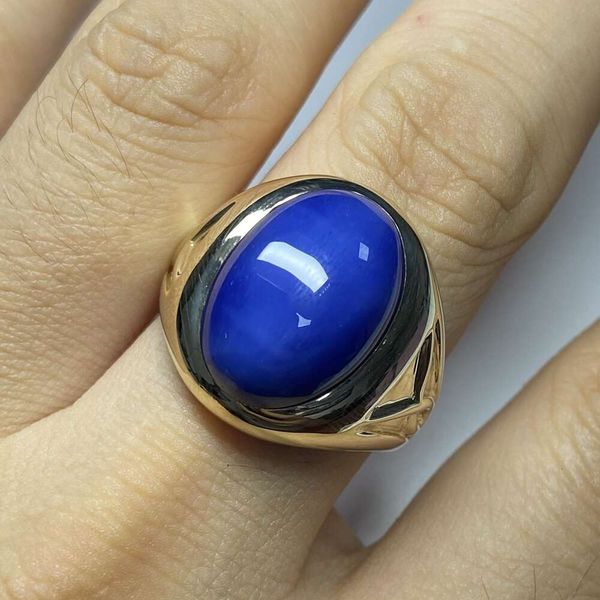 HQ GEMS Jewelry Ring aus 10-karätigem Gelbgold, 13 x 18 mm, blauer Sternsaphir-Edelsteinring für Herren