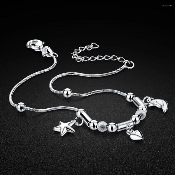 Tornozeleiras simples feminino verão prata jóias 925 esterlina tornozeleira sólida estrelas lua tornozelo pulseira sandálias corrente