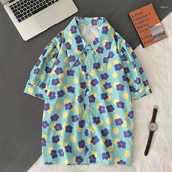 Damenblusen EBAIHUI Japanische Cartoon-bedruckte Kurzarm-Blusas Vielseitiges lockeres Blumenhemd Koreanische Nischenbluse Top-Trend