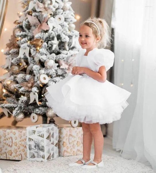 Abiti da ragazza Bellissimo abito a fiori in tulle con applicazioni al ginocchio per matrimonio con fiocco Prima festa di compleanno eucaristico per bambini eleganti