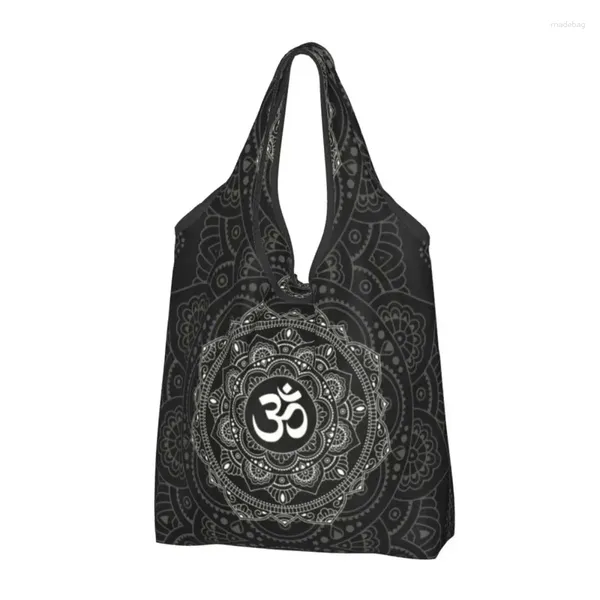 Sacos de compras reutilizáveis Om Mandala Mulheres Sacola Portátil Budismo Aum Yoga Meditação Comprador de Compras