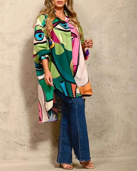 Женские блузки 2024 г. Французский стиль Хепберн, весеннее абстрактное позиционирование с принтом, рукав 7 четвертей, нерегулярное короткое платье «ласточкин хвост»