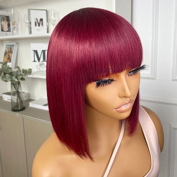 99J бордовый красный короткий парик из натуральных волос с бахромой для женщин, прямые волосы Remy, парики с челкой, рыже-оранжевый цвет