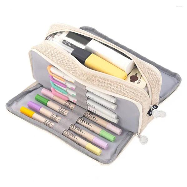 Porta-canetas com zíper, estojo de lápis com capacidade multicamadas e alça com fecho para material escolar, organização de papelaria