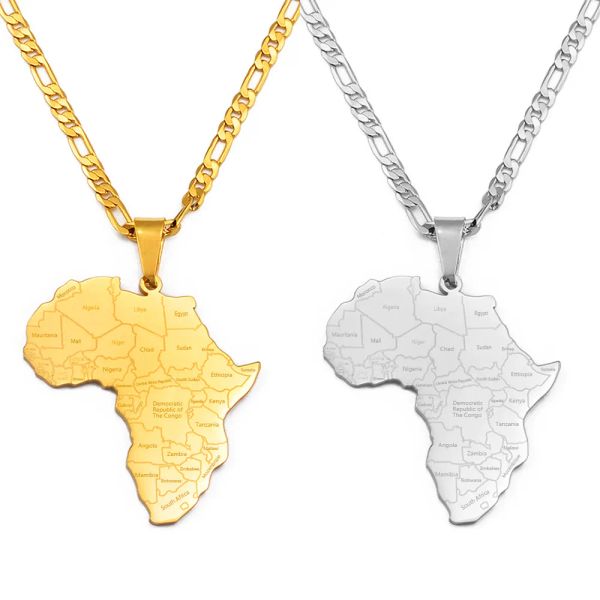 Afrika-Karte mit Ländernamen, 14-karätiges Gelbgold, Anhänger-Halsketten für Damen und Herren, afrikanischer Kartenschmuck, Nigeria, Kongo, Ghana, Sudan, Somalia