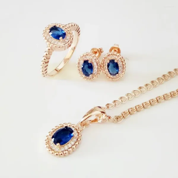 Halskette Ohrringe Set Luxus Trendy Frauen Büro Stil Rose 585 Gold Farbe Modeschmuck Blau Zirkonia Ohrring/Halskette/Ring Sets