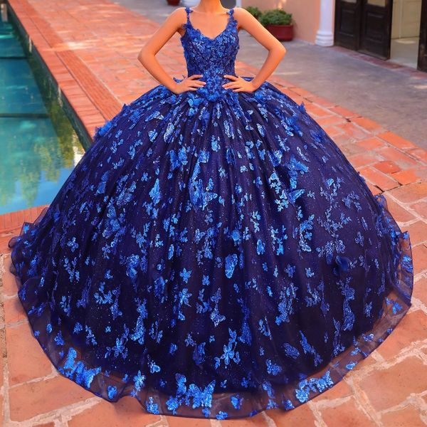 Azul marinho glitter fora do ombro vestido de baile quinceanera vestidos doce 16 princesa applique arco contas vestidos de baile de 15 anos