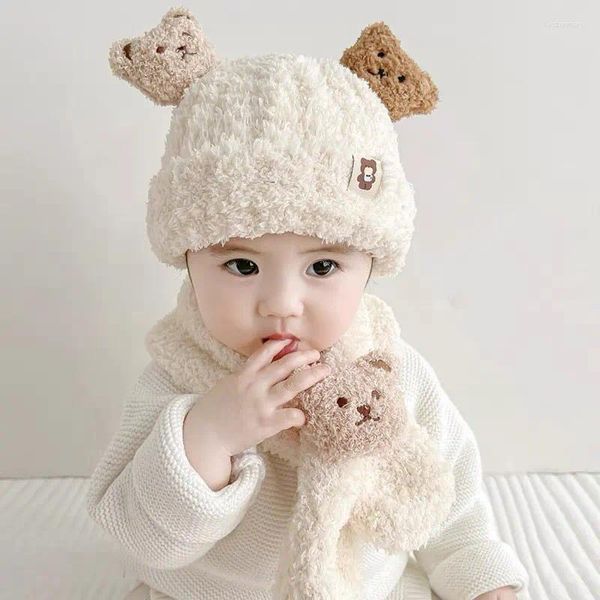 Berets 6m-5y criança infantil chapéu quente bonito urso chapéus de pelúcia cachecol conjunto crianças bebê meninas meninos roupas de inverno cachecóis macios