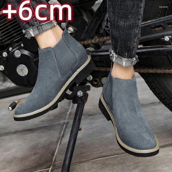 Ботинки для мужчин, кожаные ботильоны, 2024, классическая мужская удобная мотоциклетная обувь с лифтом, 6 см, мужская повседневная обувь без шнуровки
