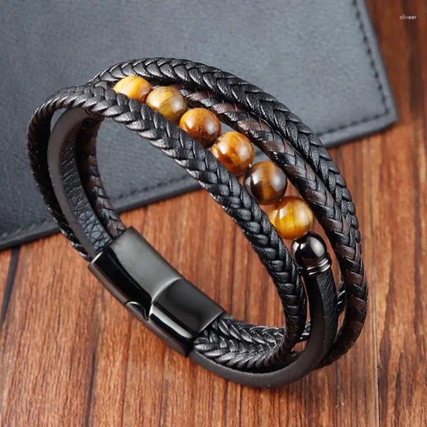 Charme pulseiras clássico masculino pulseira de couro aço inoxidável mão-tecido multicamadas combinação moda jóias atacado gota