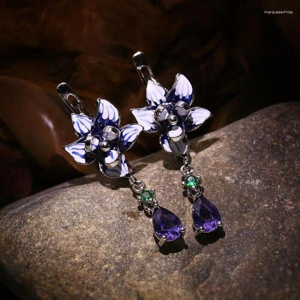 Brincos pendurados lindo cristal esmalte azul flor orelha parafuso prisioneiro estilo boêmio casamento noivado joia presente