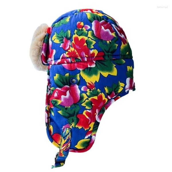 Berretti Berretto caldo per fodera invernale in peluche Cappello per climi freddi Antivento con motivo floreale Paraorecchie Copricapo del paese nordorientale