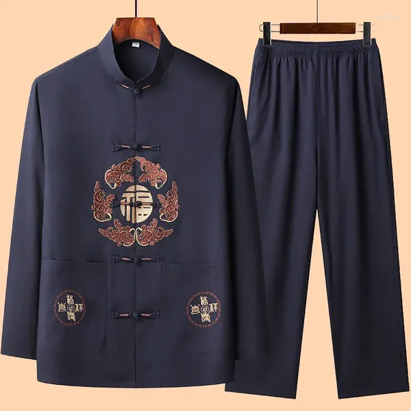 Herren-Trainingsanzüge im chinesischen Stil, Leinen, Stehkragen, langärmeliges Hemd, Anzug mittleren Alters, lockere, lässige High-Street-Top-Hose, männliche Kleidung