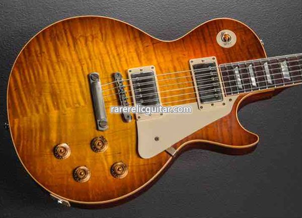 Benutzerdefinierte Mark Knopfler Amber Brown Flame Maple E-Gitarre Metall G Back Cover Little Pin Bridge Tuilp Tuners Chrome Hardware