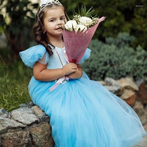 Mädchenkleider Einfaches blaues Blumenkleid für Hochzeit Tüll Flauschiger Kristall knöchellanger Bogen Kindergeburtstagsfeier Erstkommunion Ballkleider