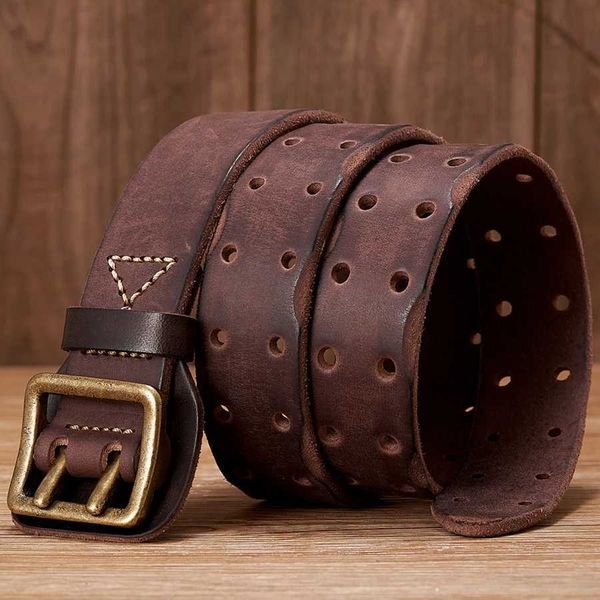 Cinture Cintura in pelle originale spessa Cintura vintage da uomo larga Cintura maschile in pelle bovina Vera pelle con doppia fibbia Cintura da cowboy in jeans 240120