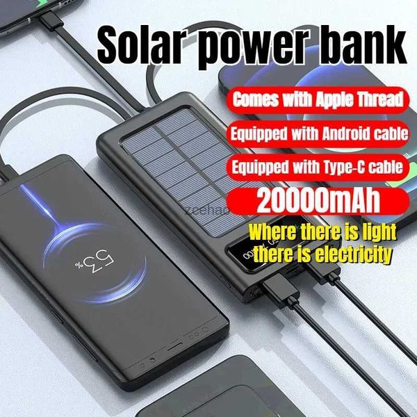 Bancos de energia do telefone celular 30000mah banco de energia solar construído cabos carregador solar 2 portas usb carregador externo com luz led para 2023 novo