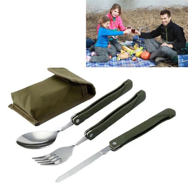 Set di stoviglie Set di posate pieghevoli portatili in acciaio inossidabile Forchetta con custodia verde militare Borsa da campeggio di sopravvivenza Contenitore esterno