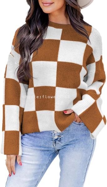 Женские свитера Женские свитера Клетчатый свитер с круглым вырезом и рукавами-колокольчиками Трикотажные пуловеры Топы