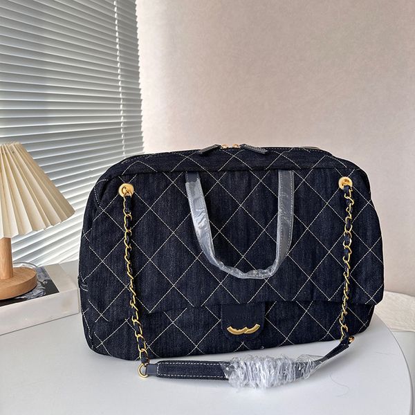 Sacca di denim per spalla da donna sovradimensionata 43 cm Diamond Diamond Controllare hardware d'argento rotazione di metallo pulsante di lusso top tote catena matelasse borse traverse borse per lo shopping sacoche