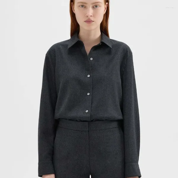 Camicette da donna Camicia in flanella di lana 2024 Top nero in stile minimalista autunno e inverno per donna