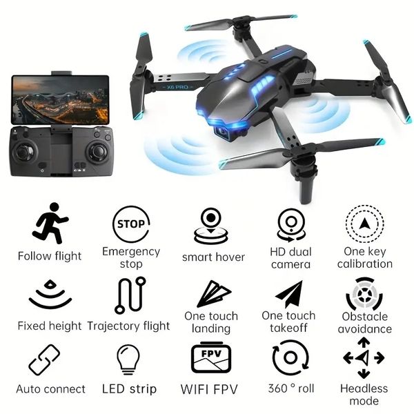 Novo drone UAV Quadcopter X6: decolagem com uma tecla, vôo estável, retenção de altitude, conectividade WIFI, prevenção de obstáculos em 3 lados, luzes LED de navegação noturna.