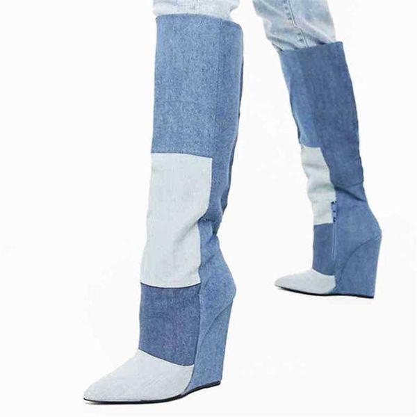 Сапоги до колена Женские туфли на танкетке Высокие каблуки 10 см синие джинсы Женские модные ботинки 220906