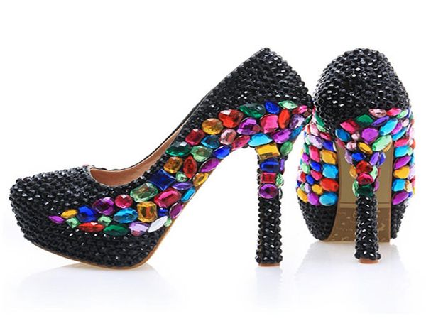 Черные туфли со стразами для свадебной вечеринки, туфли на шпильке с круглым носком, туфли для выпускного вечера с кристаллами, туфли для ночного клуба ручной работы, свадебные модельные туфли-лодочки6163769