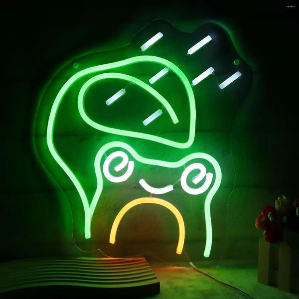 Luci notturne Rana Insegna al neon (verde) Rainy Day Leaf Raindrop Fun LED alimentato tramite USB Decorazione da parete Gioco da grotta per uomo