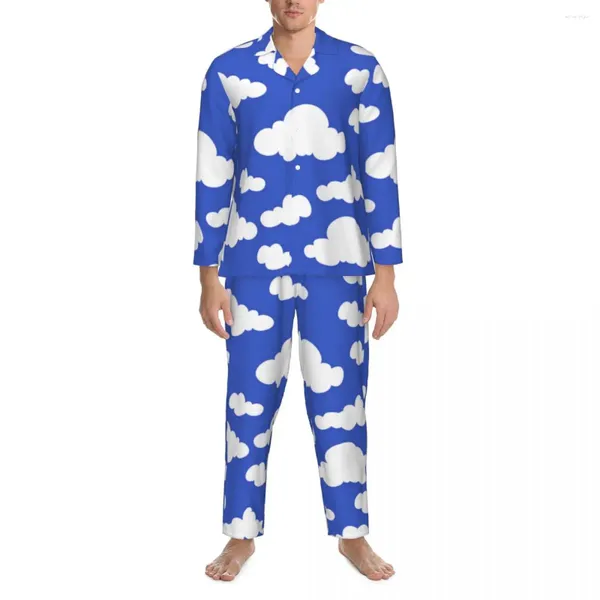 Homens sleepwear pijamas homens desenhos animados nuvem noite nublado céu azul 2 peça casual pijama conjunto de mangas compridas bonito macio oversized casa terno