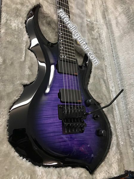 Stokta E-II FRX FM Ren Geyiği Mavi Mor Alev Maple Top Electric Guitar Floyd Rose Tremolo Köprüsü Çin EMG Pikaplar 9V Pil Kutusu Siyah Donanım