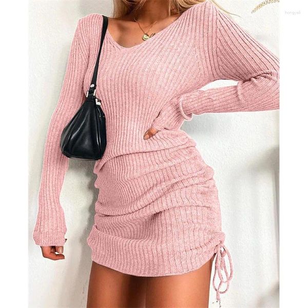 Abiti casual Moda donna Maglione lavorato a maglia rosa con scollo a V Manica lunga Autunno/Inverno Abito sexy slim fit con cordoncino pieghettato