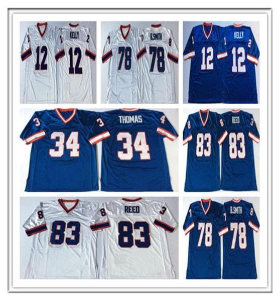 Uomo Vintage Football Thurman 34 Thomas Jim 12 Kelly 78 Bruce Smith 83 Andre Reed Sticted Maglie retrò economici Blu Bianco Taglia S3X1782252