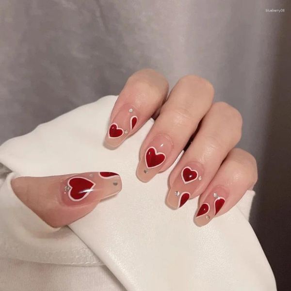Unhas Falsas 24P / Set Red Love Heart Ballet Vestindo Arte Diamante Design Acrílico Press On Nail Artificial Full Cover Stick