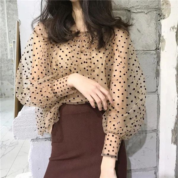 T-shirt da donna Dolce nero a pois Mesh Sheer T-shirt Puff manica lunga Sexy trasparente Chic Khaki Trasparente Moda 2024