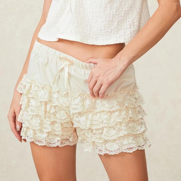 Damen Shorts Sommer Süße Frauen Mädchen Spitze Rüschen Ästhetische Kleidung Low Rise Mini Schleife Layered Pumphose Streetwear Böden