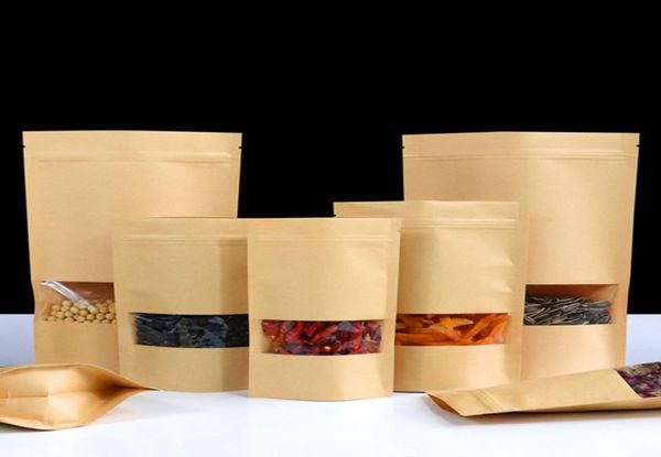 100 Stück aufstellbare Kraftpapier-Verpackungsbeutel mit transparentem Fenster und Reißverschluss, wiederverschließbar, für Snacks, Süßigkeiten, Salze, Kekse, Kaffeebohnen, Pulver, Wärme, Meer7841739