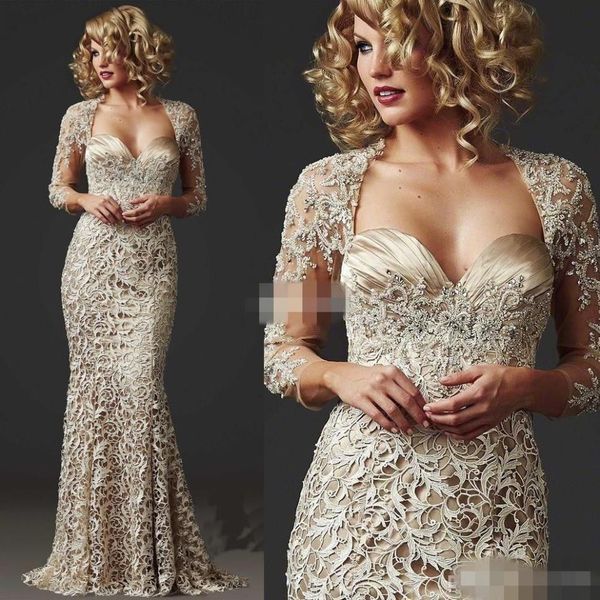 Champagne renda mãe da noiva vestidos jaqueta mangas compridas frisado 2020 plus size feito sob encomenda sereia querida decote noite p254e