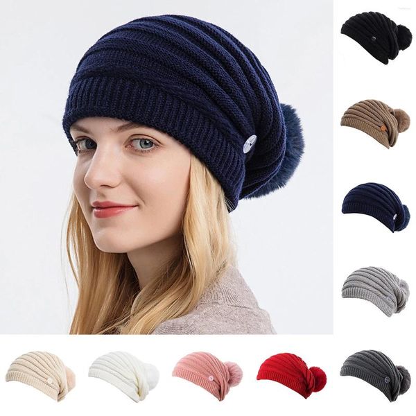 Berretti Cappelli francesi Donna Bottoni in lana invernale Decorazione a sfera in tinta unita Cappello caldo Baotou Copriorecchie lavorato a maglia per gli sport da sci