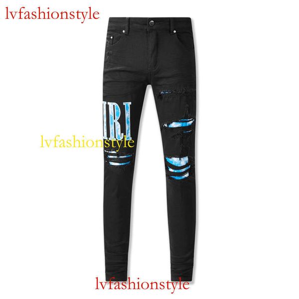 2023 Autunno/inverno New American High Street Nero Traforato Blu Camo Patch di Stoffa Commercio Estero Cross Border Jeans555