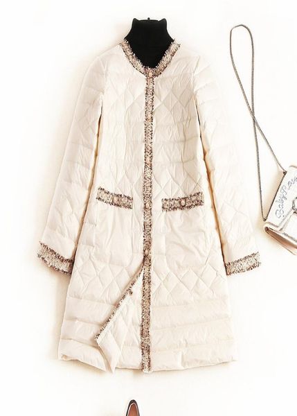 Легкий тонкий длинный пуховик для женщин 2020, зимняя модная твидовая куртка контрастного цвета, однобортная теплая парка больших размеров, пальто3026309