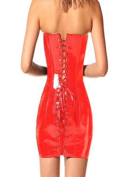 Lässige Kleider Gothic Damen Sexy Wetlook PVC Kunstleder Korsett Lange Korsetts Body Catsuits Overbust Kleid Latex Schwarz Rot Slim B2381142