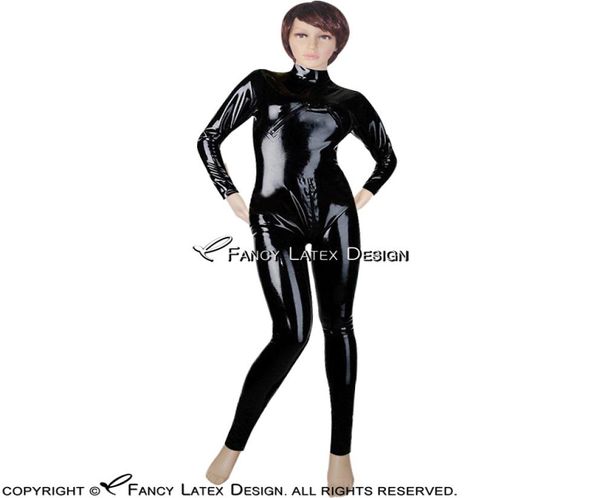 Schwarze sexy Latex-Catsuit-Kostüme mit Brust-Reißverschluss und Gummi-Zentai-Bodysuit mit Reißverschluss von vorne nach hinten 00502708910