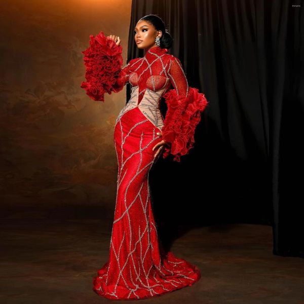 Vestidos de festa lindo vermelho africano frisado laço simulado sereia baile babados tule mangas flare luxo vestidos longos
