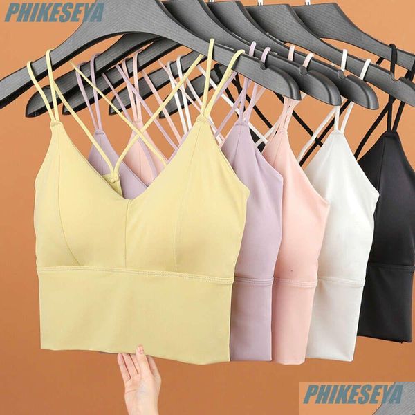 Yoga Outfit Lu Align Lemon Beauty Camisoles Tanques Ice Silk Back Sport Bras Mulheres Cross Straps Top Wireless Underwear Pushup Feminino Lin Dhkg1