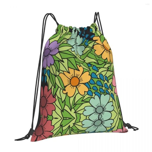 Sacos de compras coloridos flores padrão textura pintura impressão cordão armazenamento mochila adolescente saco de viagem multi-função bolso