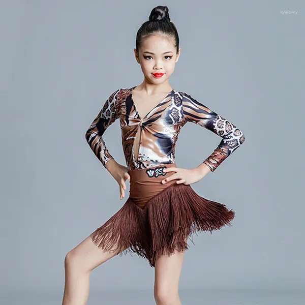Bühnenkleidung Mädchen Tiger Gestreiftes Latin Top Quasten Röcke für Tanzwettbewerb Kostüm Performance Kleidung XS5998